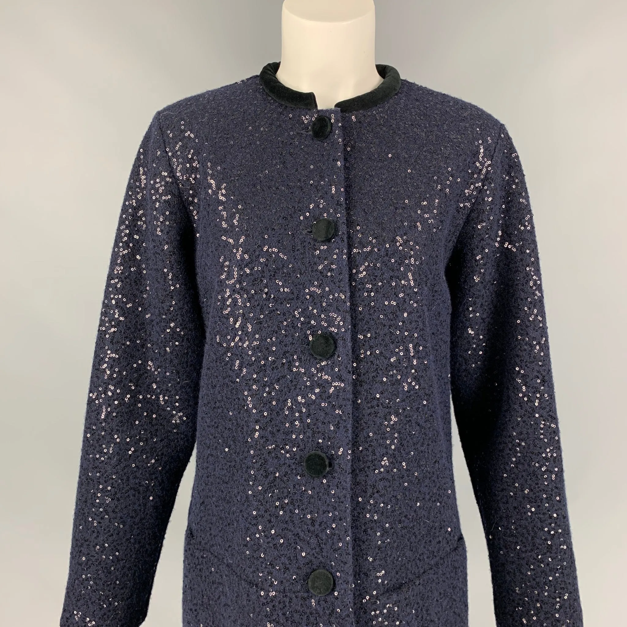 AGNÈS B. Size M Navy Sequined Collarless Coat