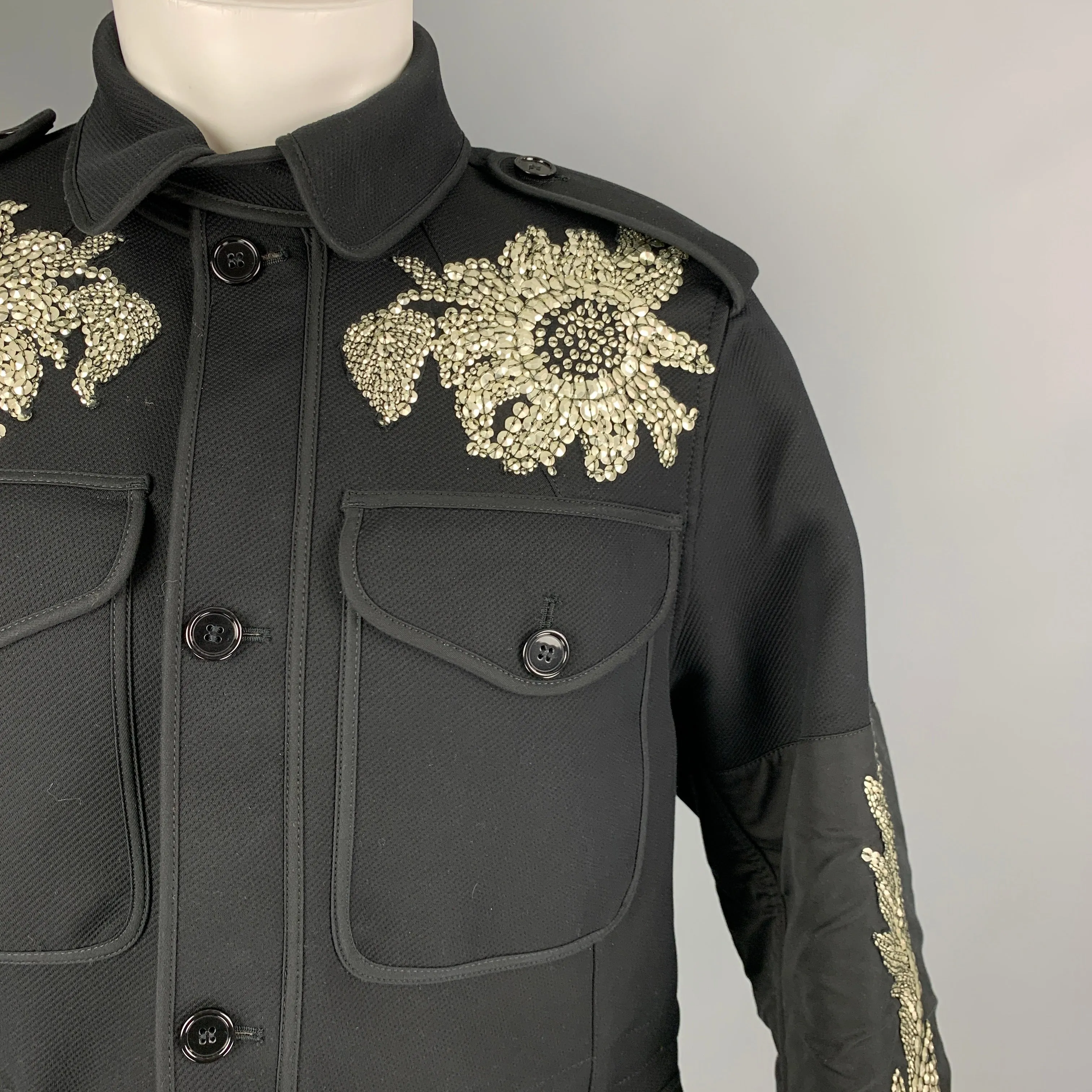 ALEXANDER MCQUEEN SS 17 Size 38 Black Silver Floral Military Regalia Coat
