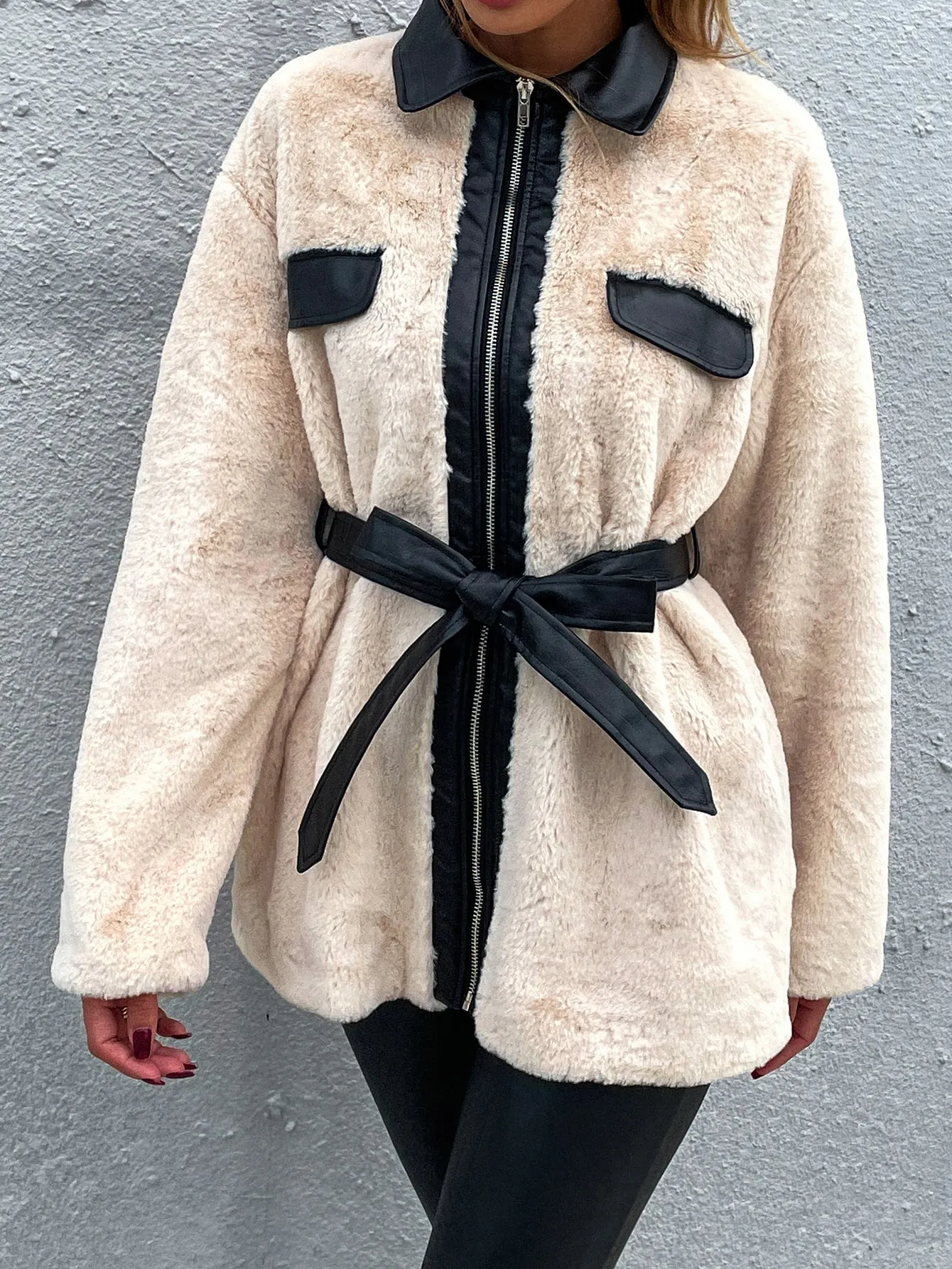 Casual Colorblock Contrast Binding Long Sleeve Collar Short Women Coat