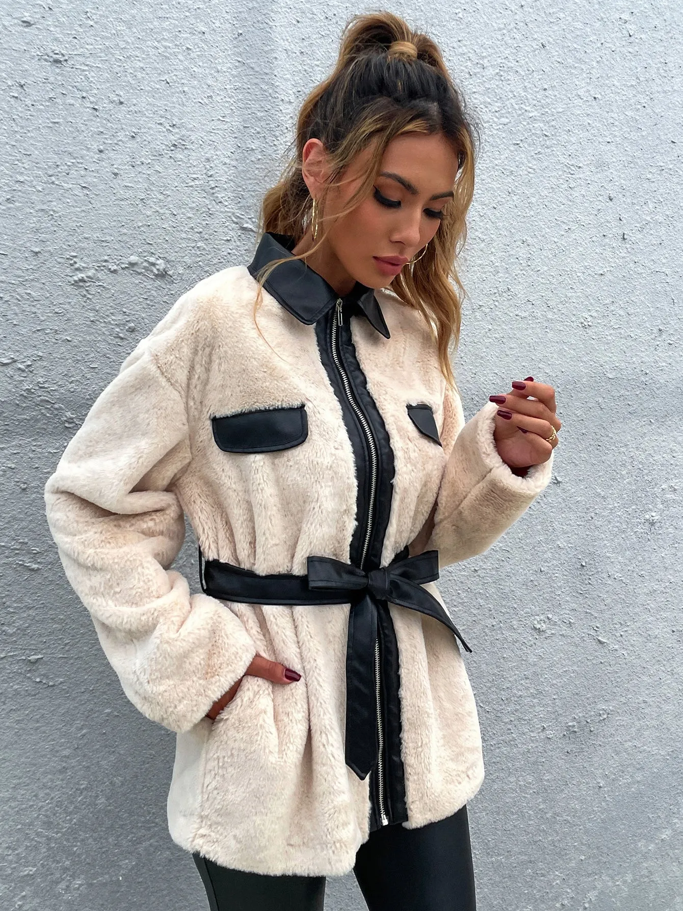 Casual Colorblock Contrast Binding Long Sleeve Collar Short Women Coat