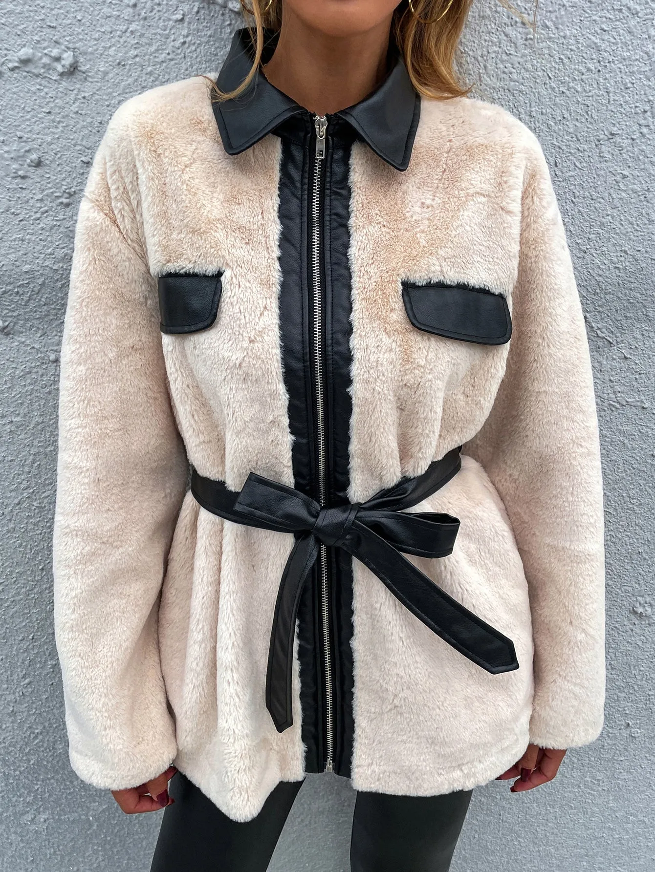 Casual Colorblock Contrast Binding Long Sleeve Collar Short Women Coat