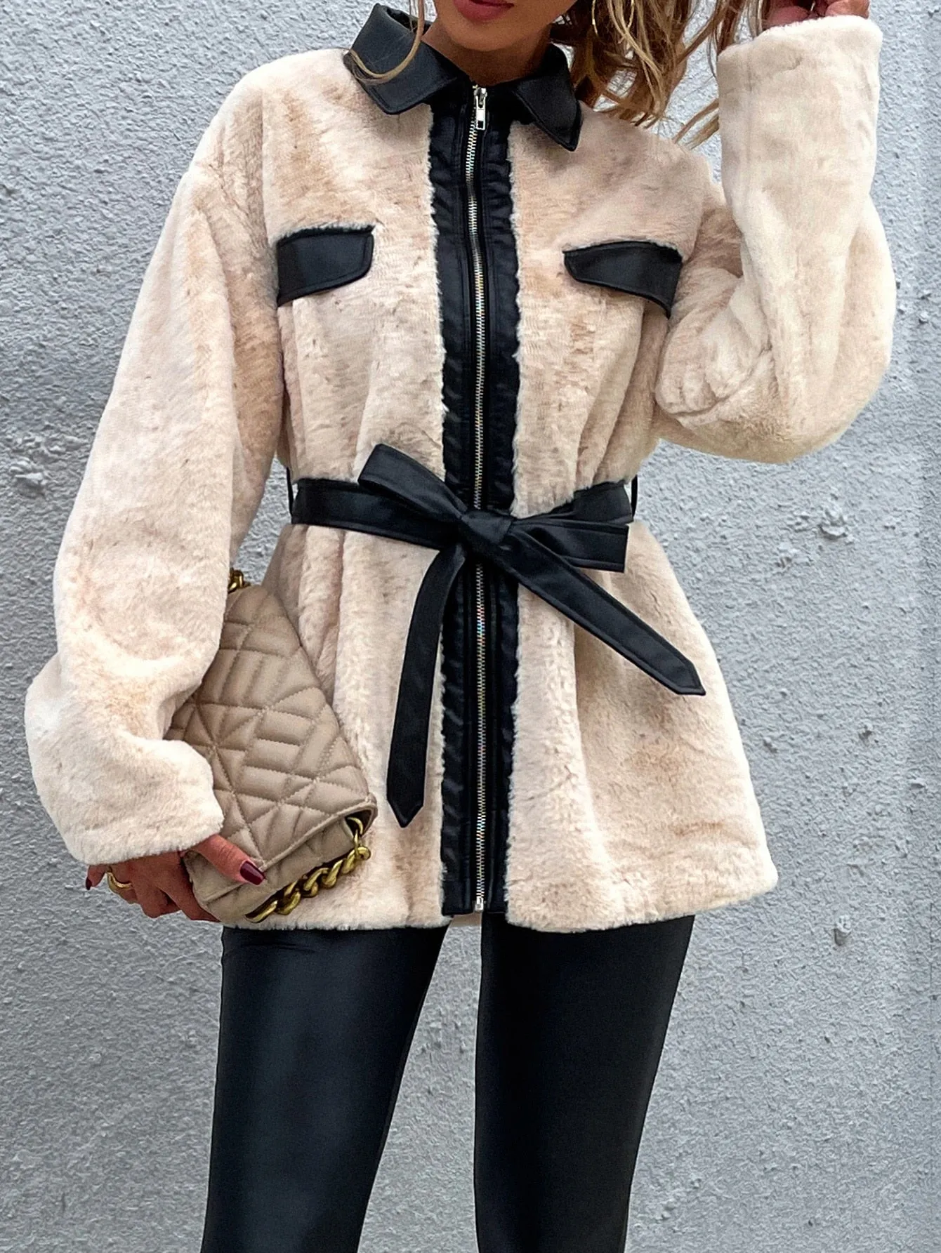 Casual Colorblock Contrast Binding Long Sleeve Collar Short Women Coat