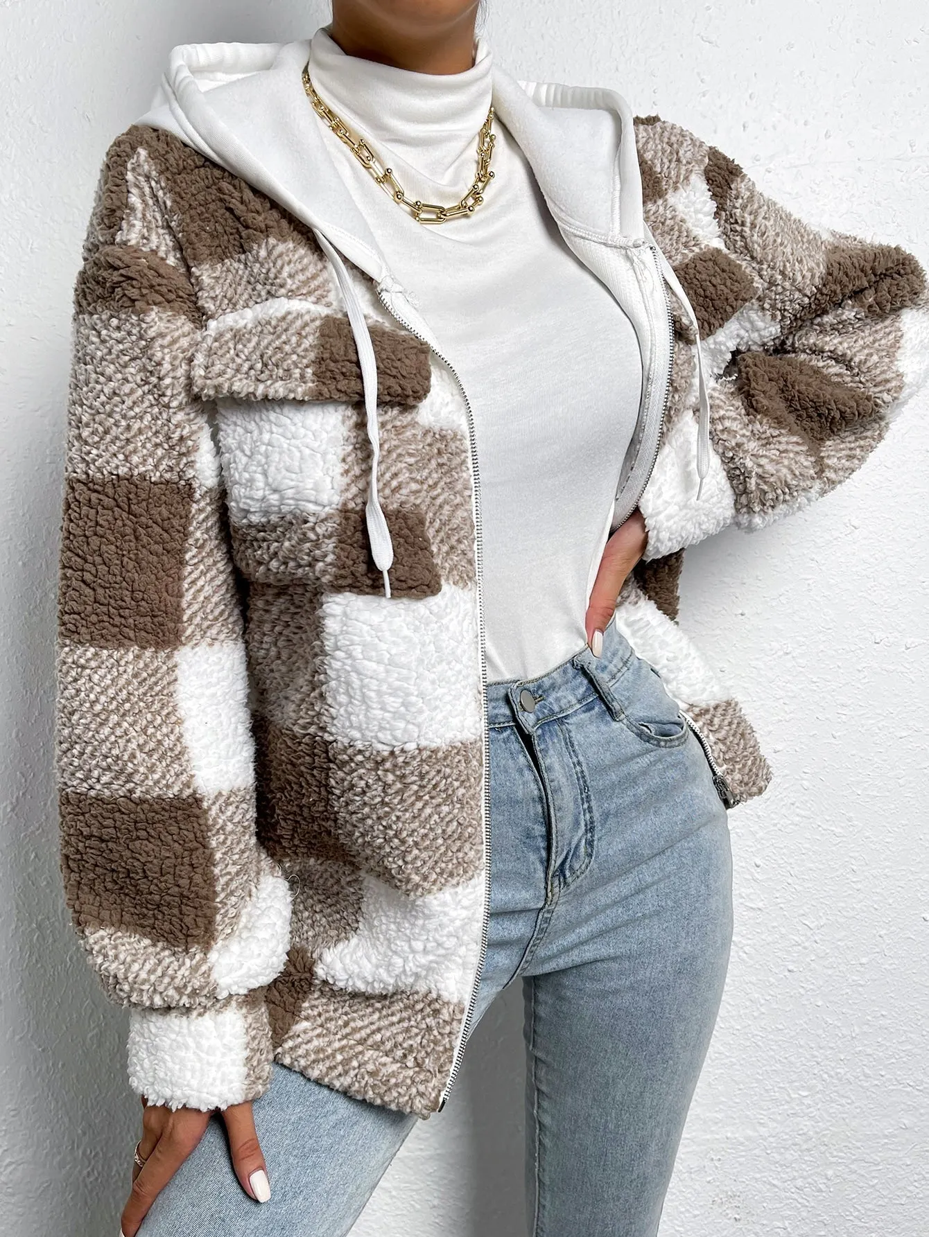 Casual Gingham Zipper Long Sleeve Hooded Regular Women Coat