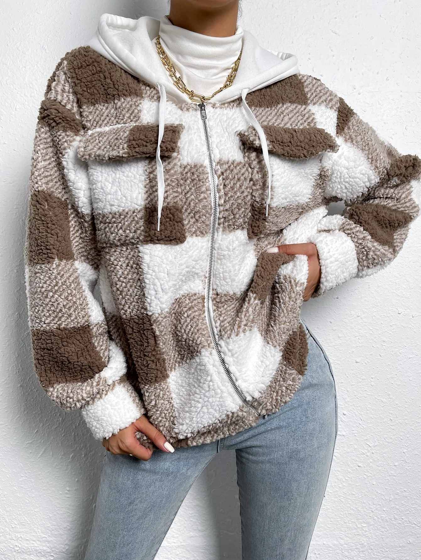 Casual Gingham Zipper Long Sleeve Hooded Regular Women Coat