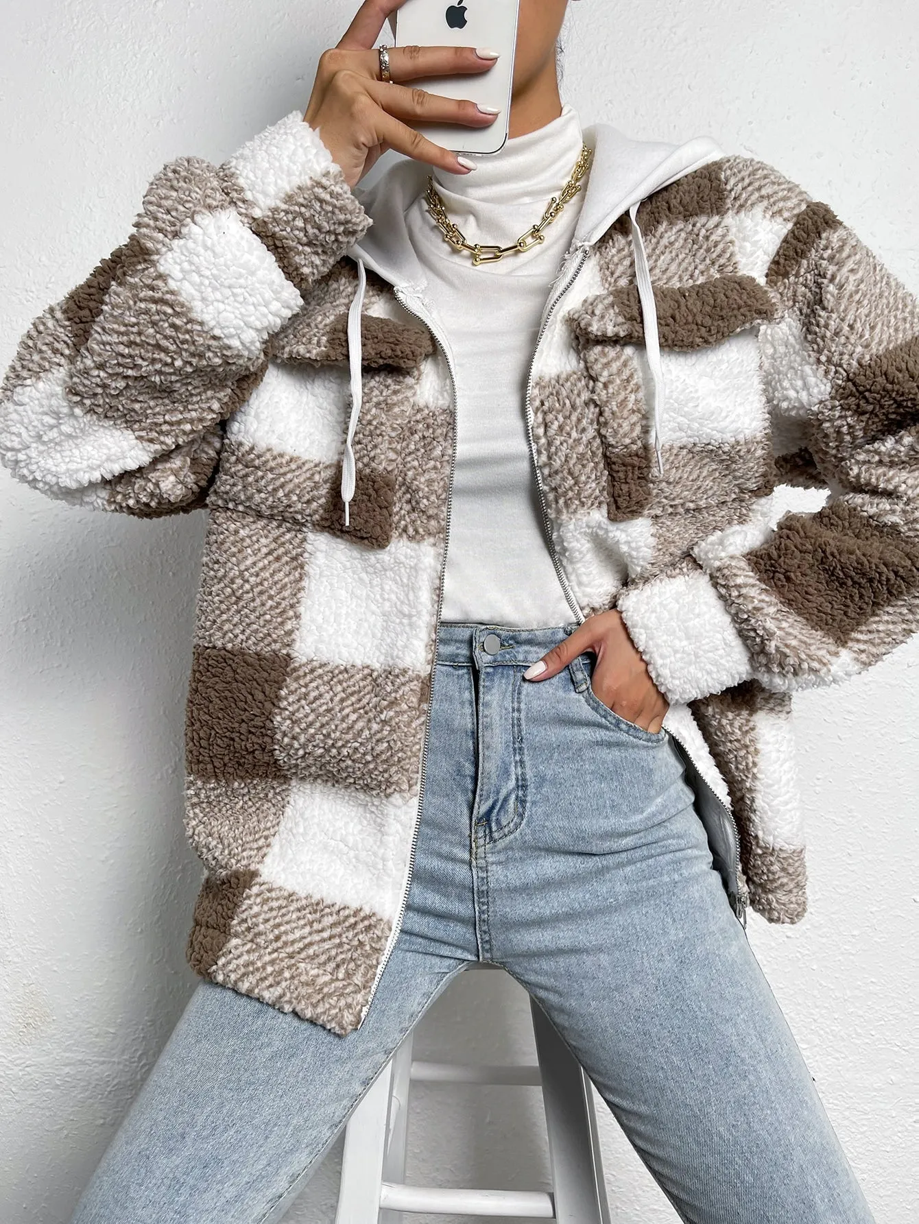 Casual Gingham Zipper Long Sleeve Hooded Regular Women Coat