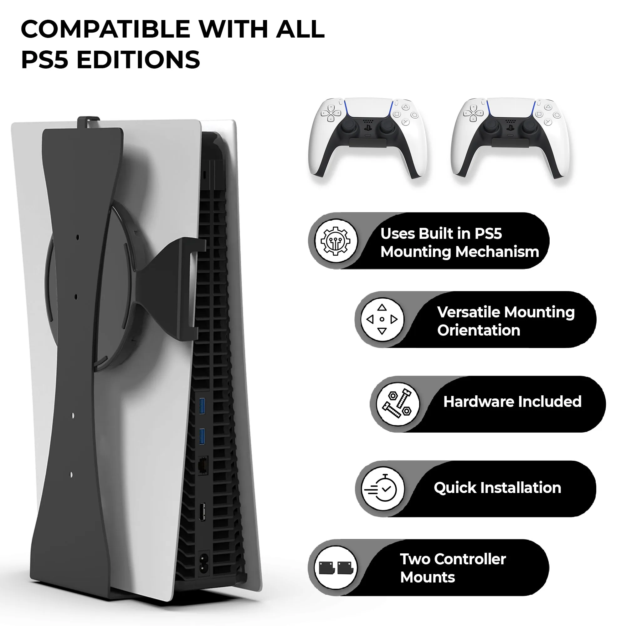 HumanCentric Console and Controller Wall Mount for PS5 | Includes Two Controller Mounts and Metal Brackets for PS5
