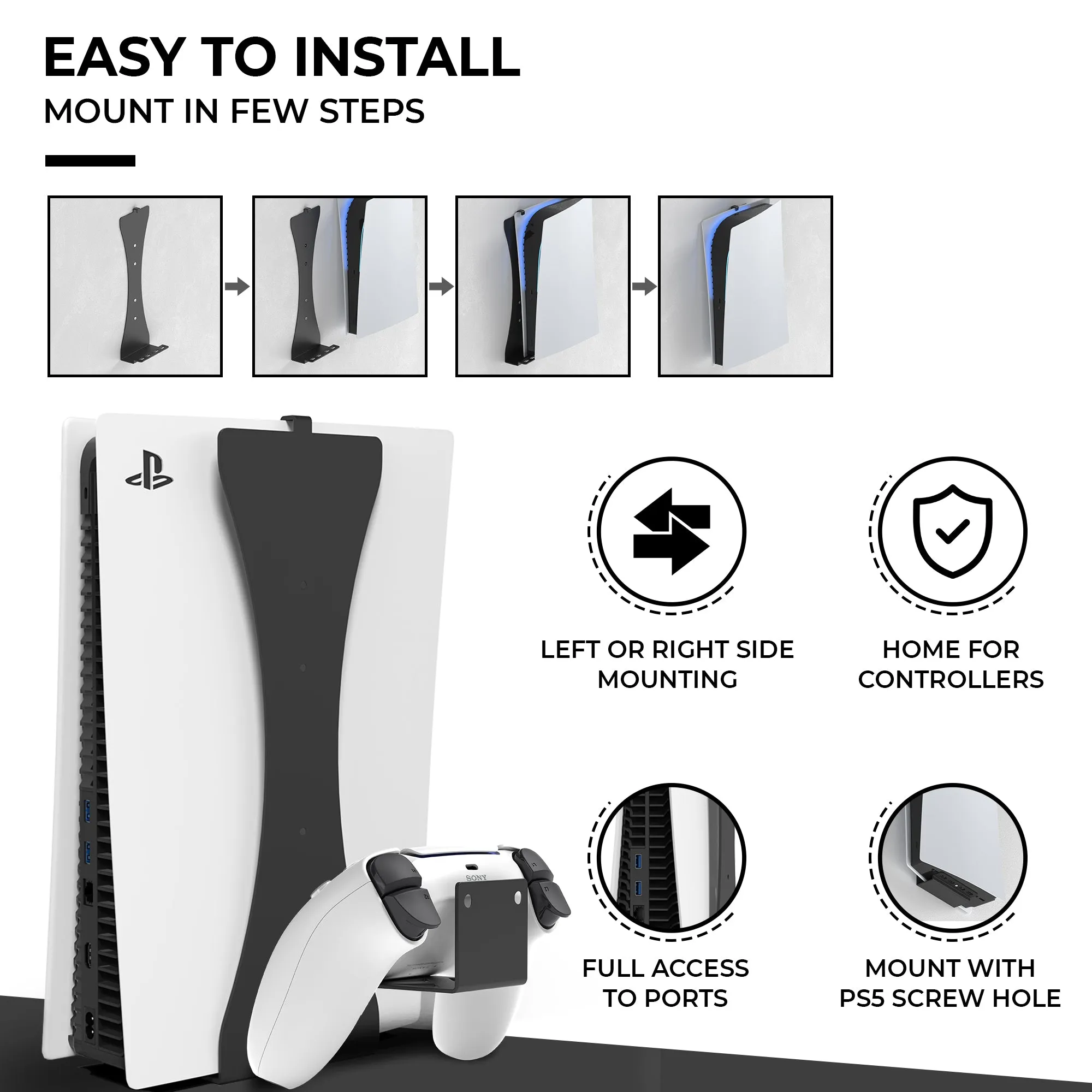 HumanCentric Console and Controller Wall Mount for PS5 | Includes Two Controller Mounts and Metal Brackets for PS5