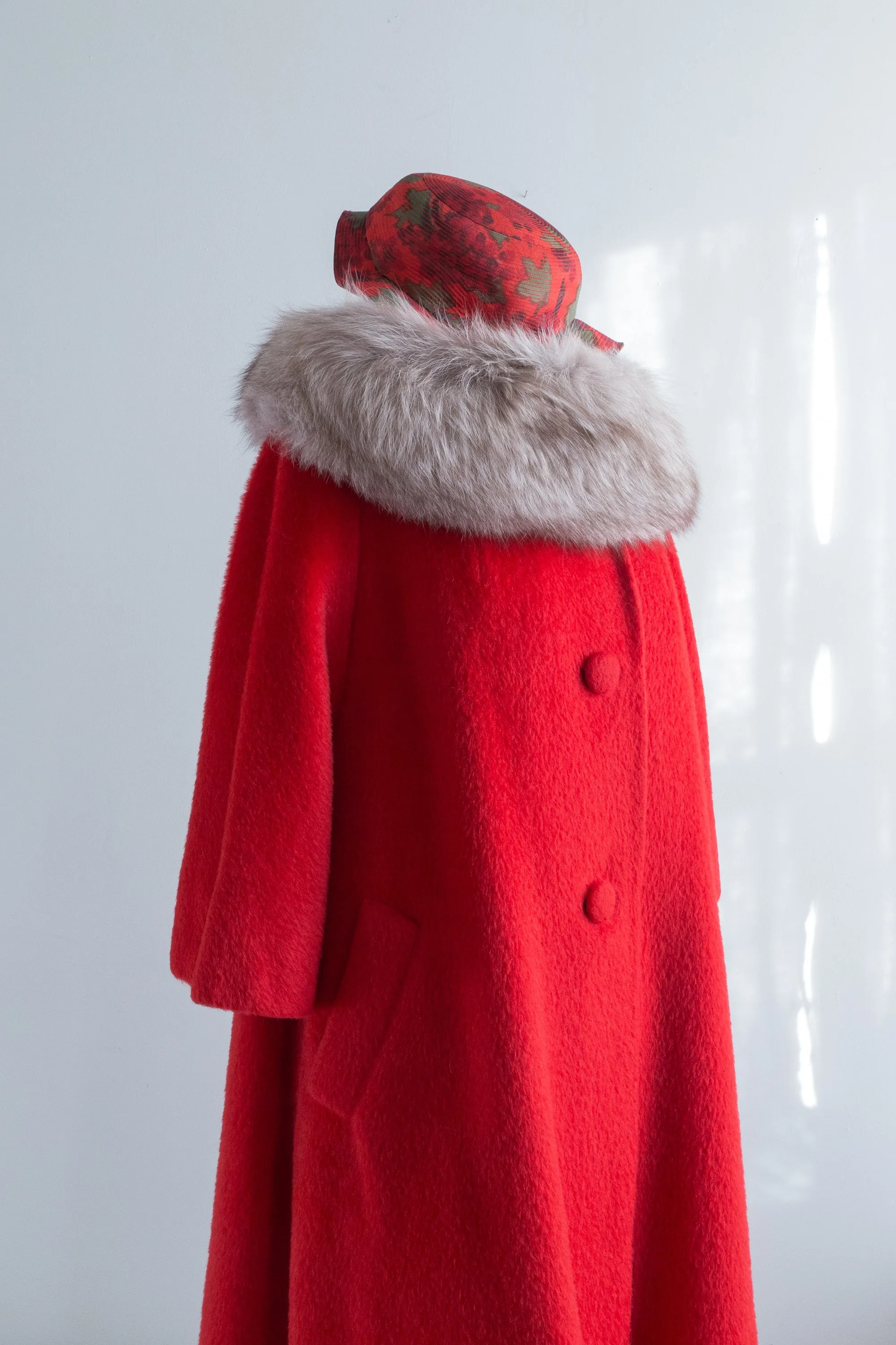 Iconic 1950's Cherry Red Lilli Ann Swing Coat with Fur Collar / OS