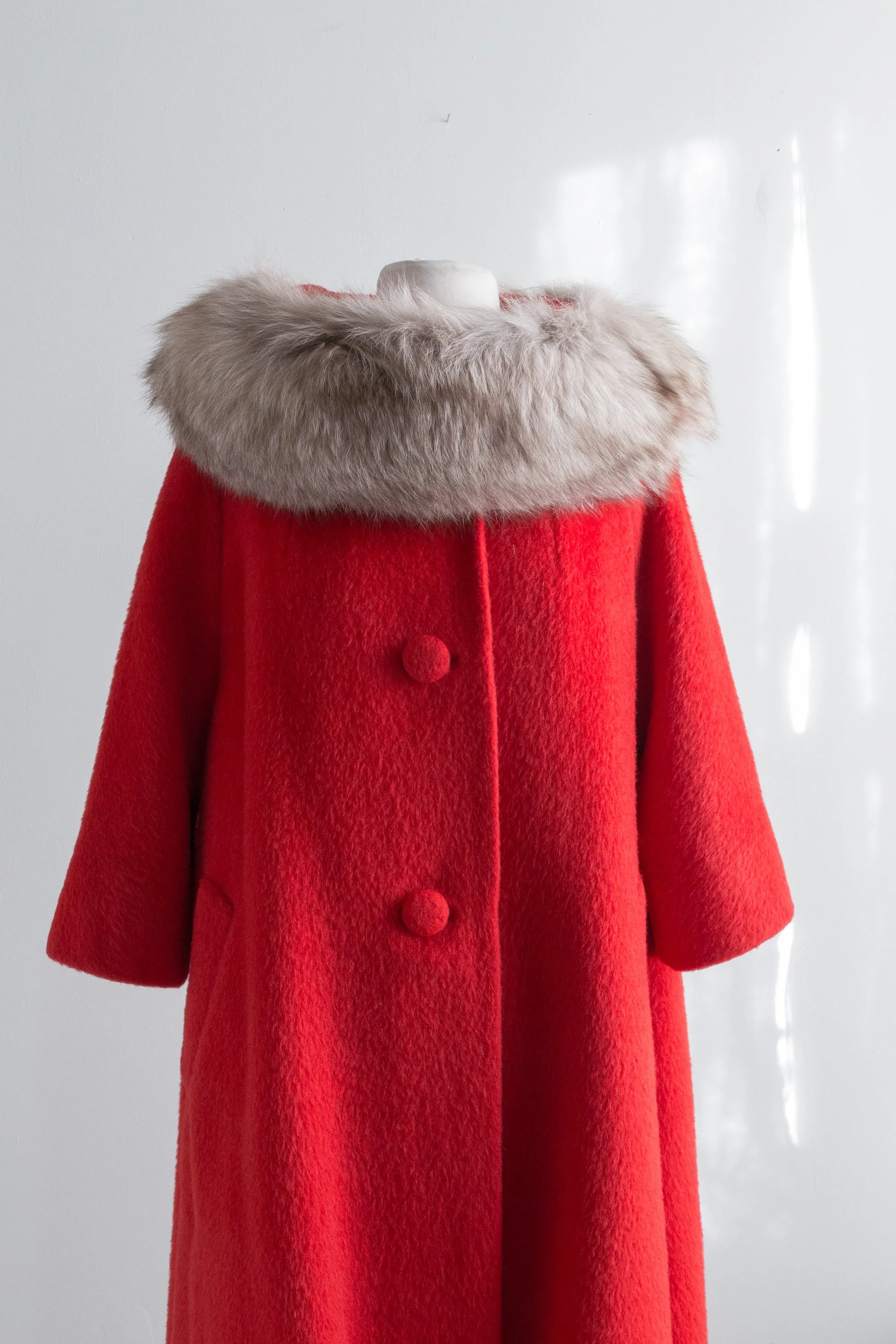 Iconic 1950's Cherry Red Lilli Ann Swing Coat with Fur Collar / OS