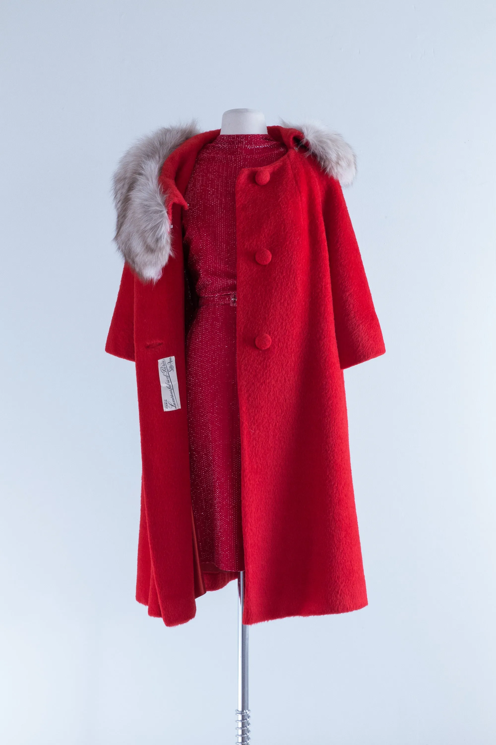 Iconic 1950's Cherry Red Lilli Ann Swing Coat with Fur Collar / OS