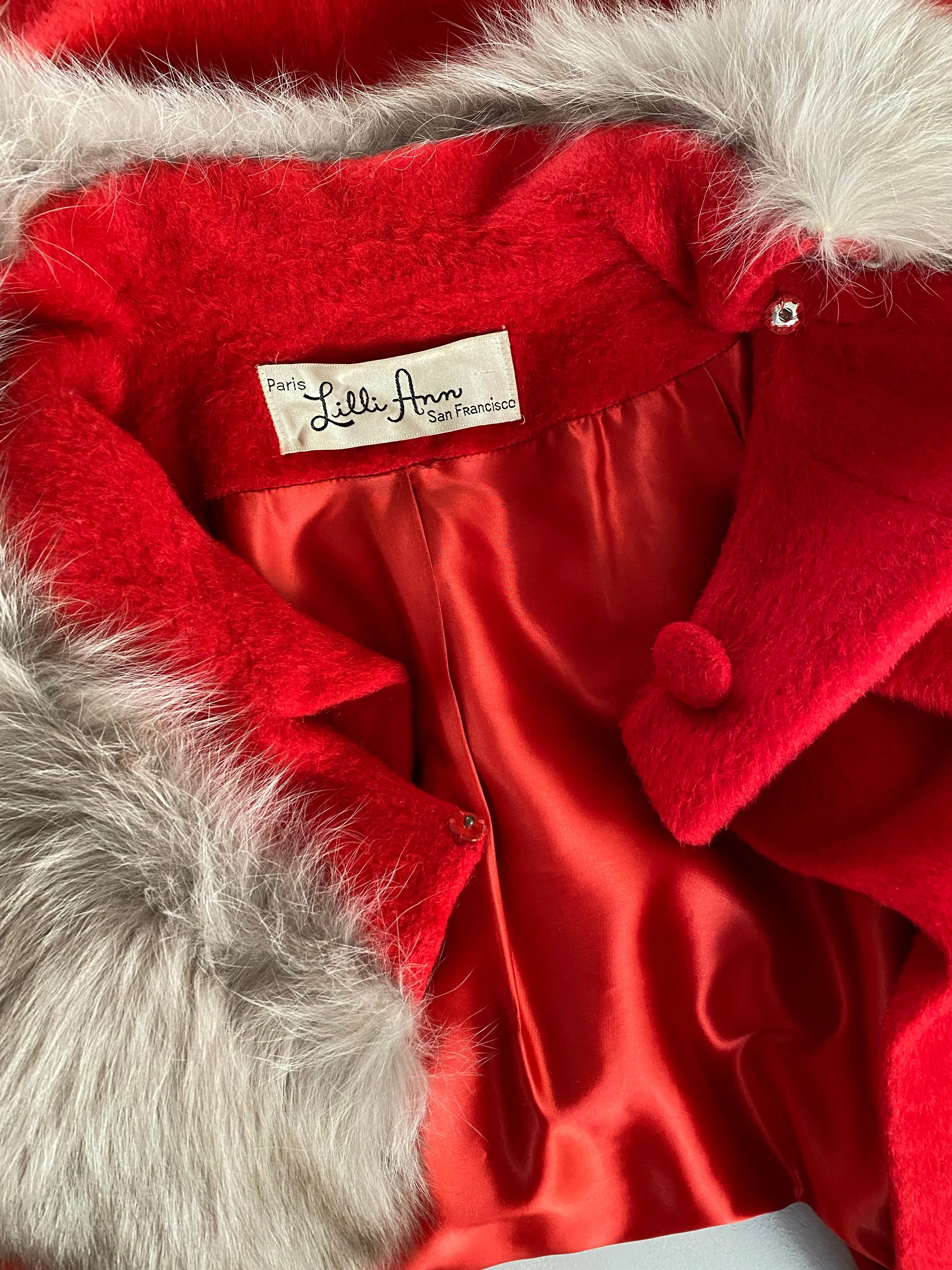 Iconic 1950's Cherry Red Lilli Ann Swing Coat with Fur Collar / OS