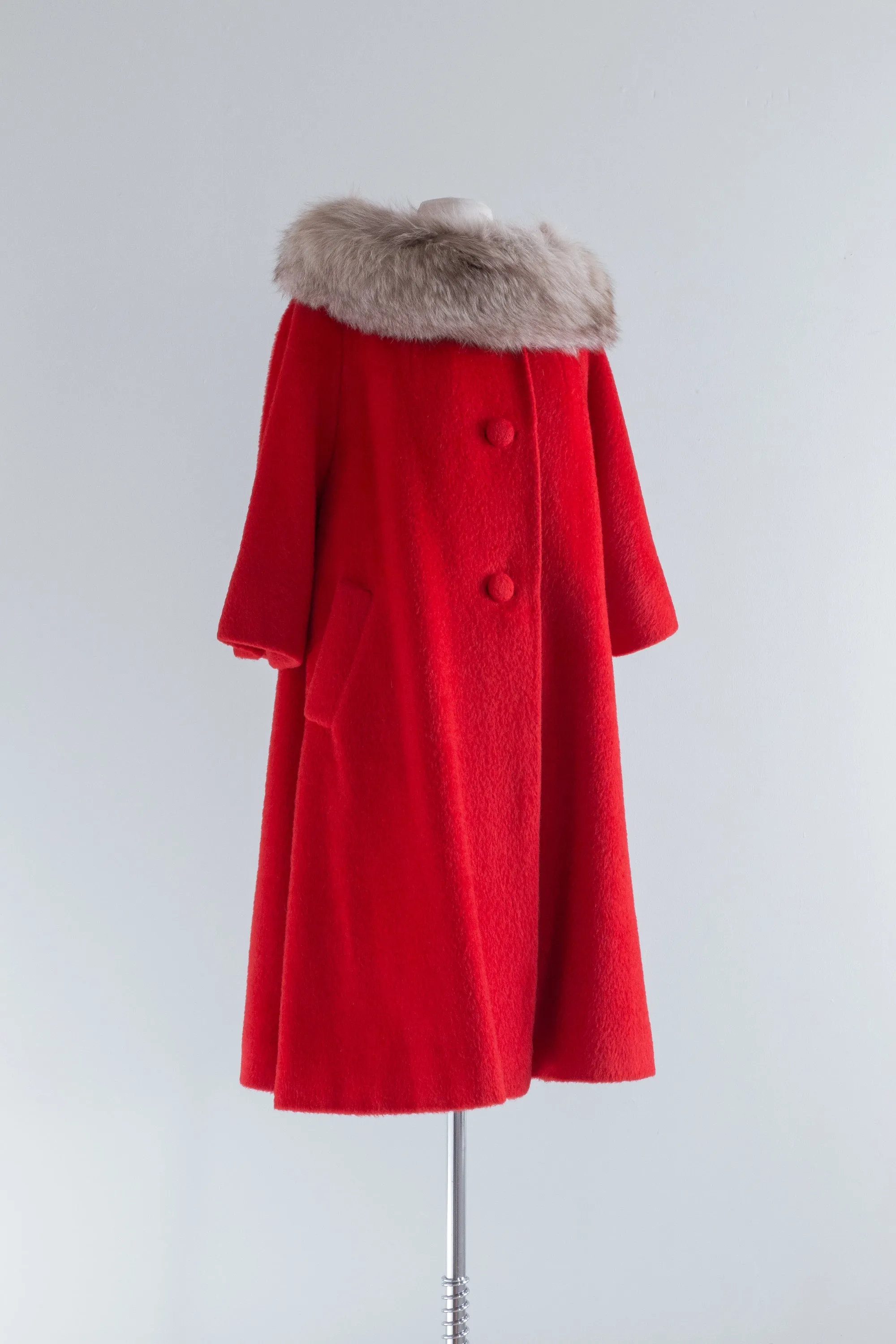 Iconic 1950's Cherry Red Lilli Ann Swing Coat with Fur Collar / OS