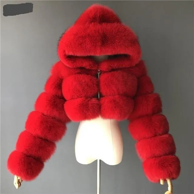 London Fur Crop Faux Fur Coats with Hood