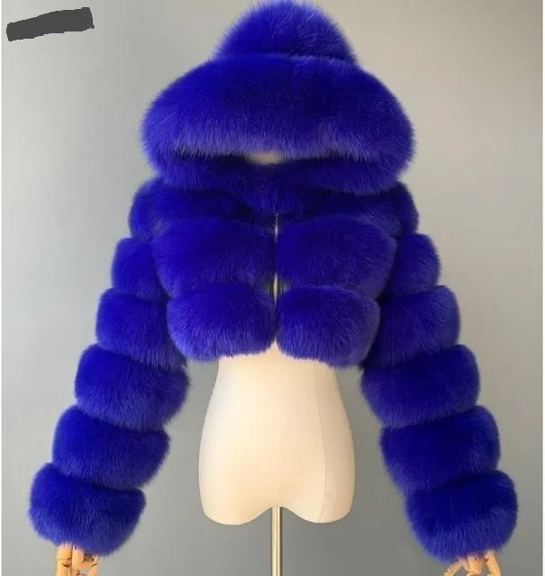 London Fur Crop Faux Fur Coats with Hood