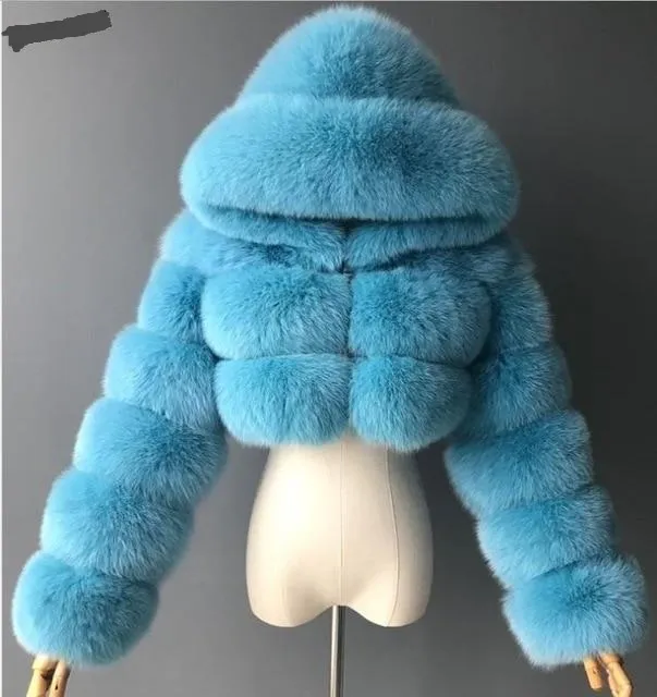 London Fur Crop Faux Fur Coats with Hood