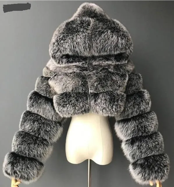 London Fur Crop Faux Fur Coats with Hood