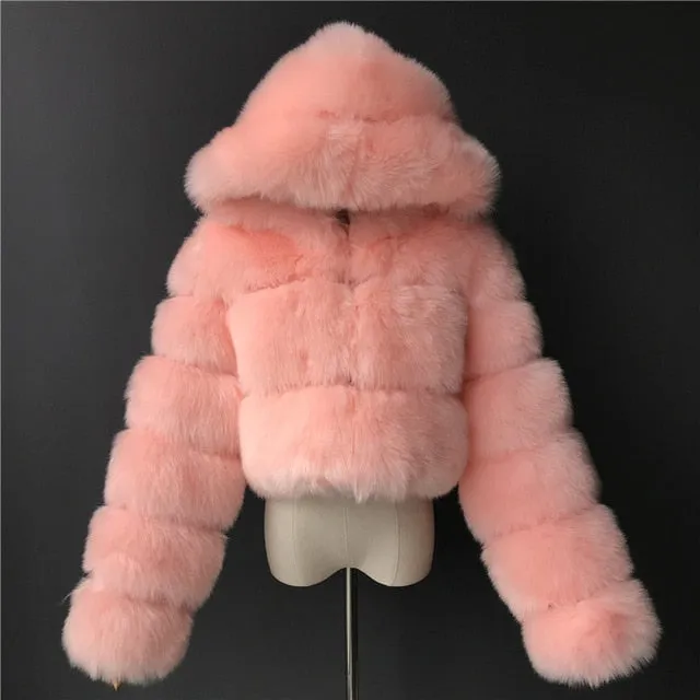 London Fur Crop Faux Fur Coats with Hood