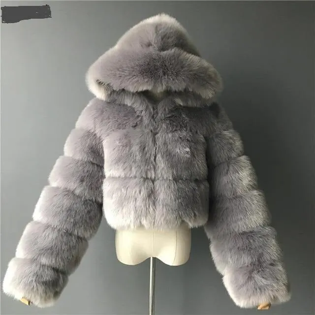 London Fur Crop Faux Fur Coats with Hood