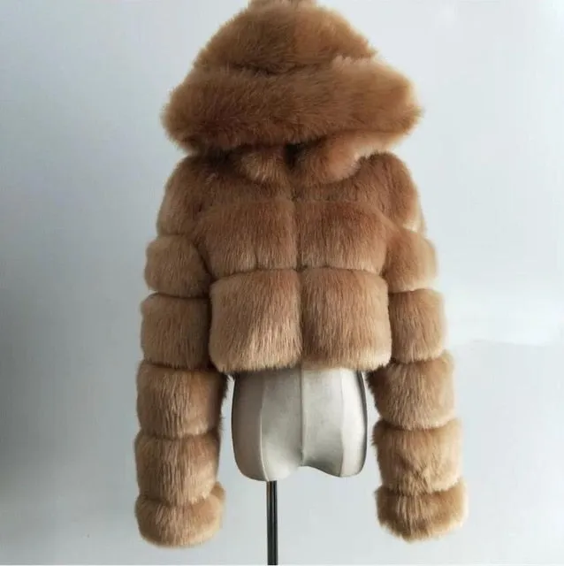London Fur Crop Faux Fur Coats with Hood