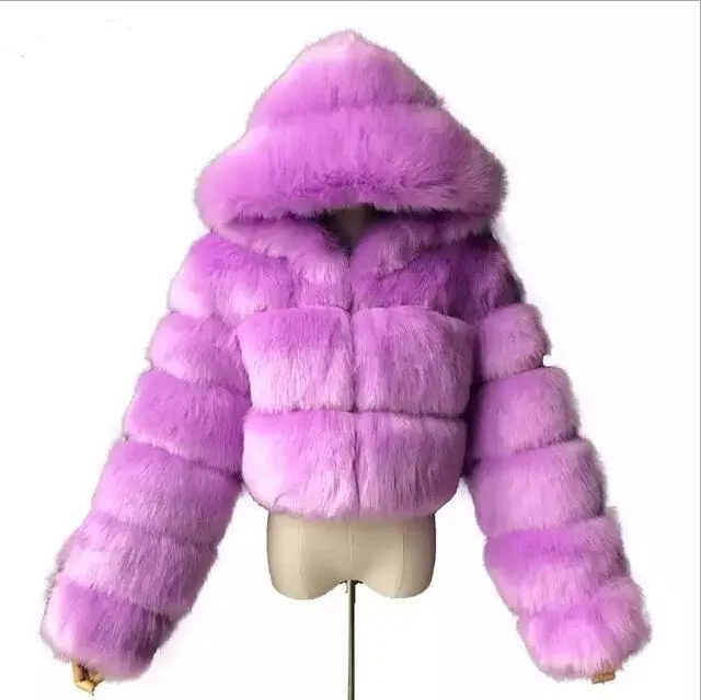 London Fur Crop Faux Fur Coats with Hood