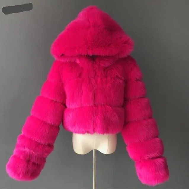 London Fur Crop Faux Fur Coats with Hood