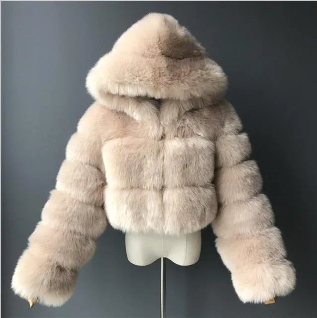 London Fur Crop Faux Fur Coats with Hood