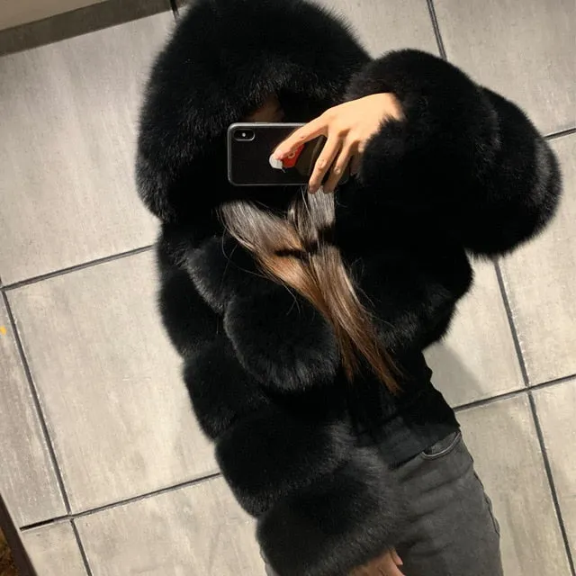 London Fur Crop Faux Fur Coats with Hood