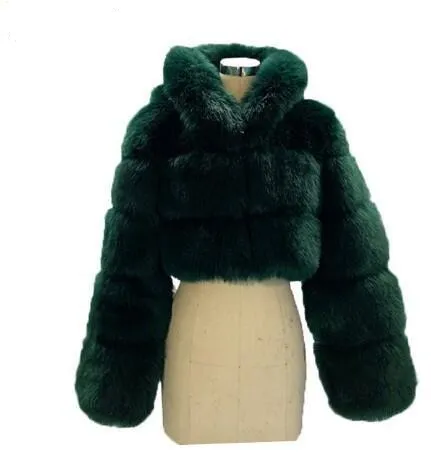 London Fur Crop Faux Fur Coats with Hood