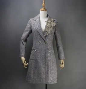 Long Coat Sequinned Flowers Collar Tweed For Womens