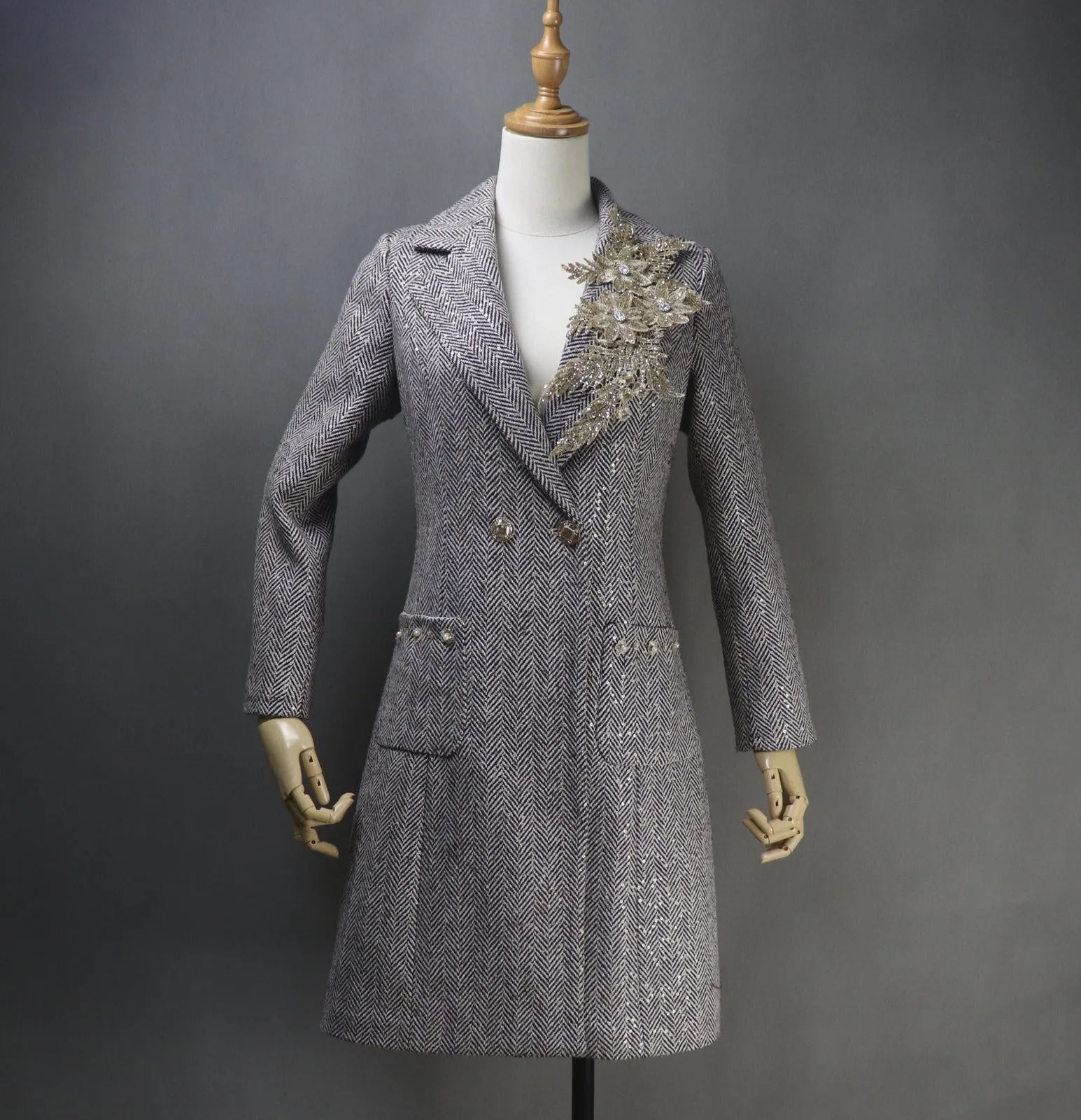 Long Coat Sequinned Flowers Collar Tweed For Womens