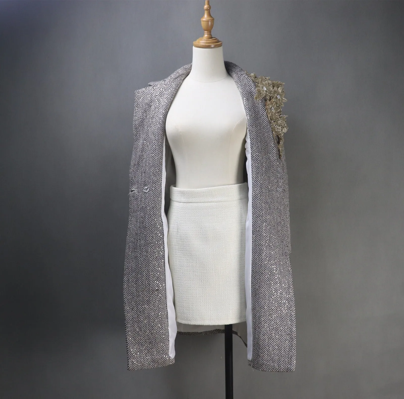 Long Coat Sequinned Flowers Collar Tweed For Womens