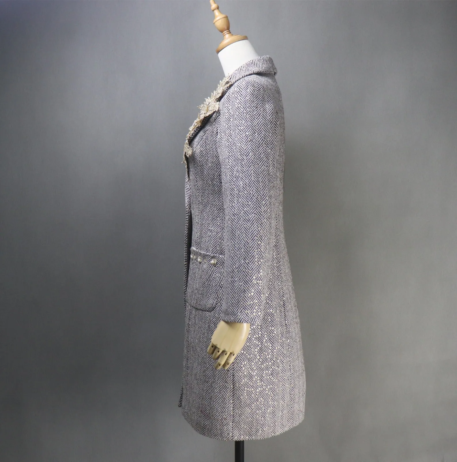 Long Coat Sequinned Flowers Collar Tweed For Womens