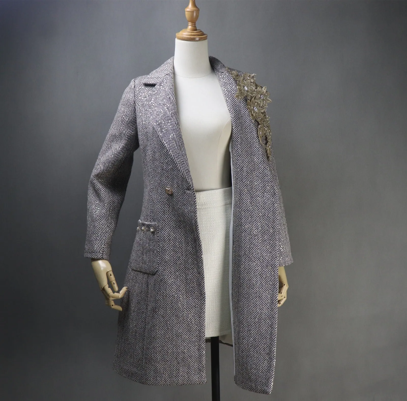 Long Coat Sequinned Flowers Collar Tweed For Womens