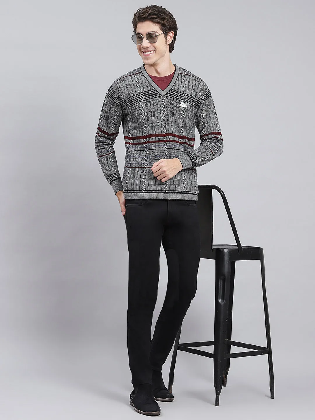 Men Black Jaquard Wool blend Pullover