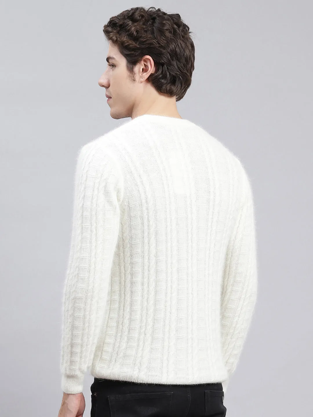 Men Off White Self Design Angoora Pullover