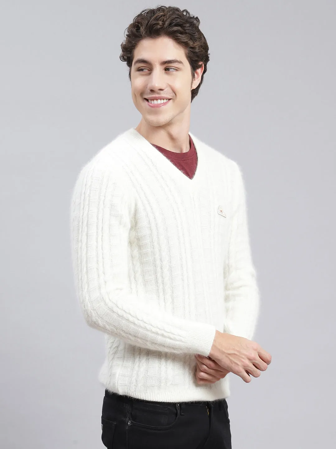 Men Off White Self Design Angoora Pullover