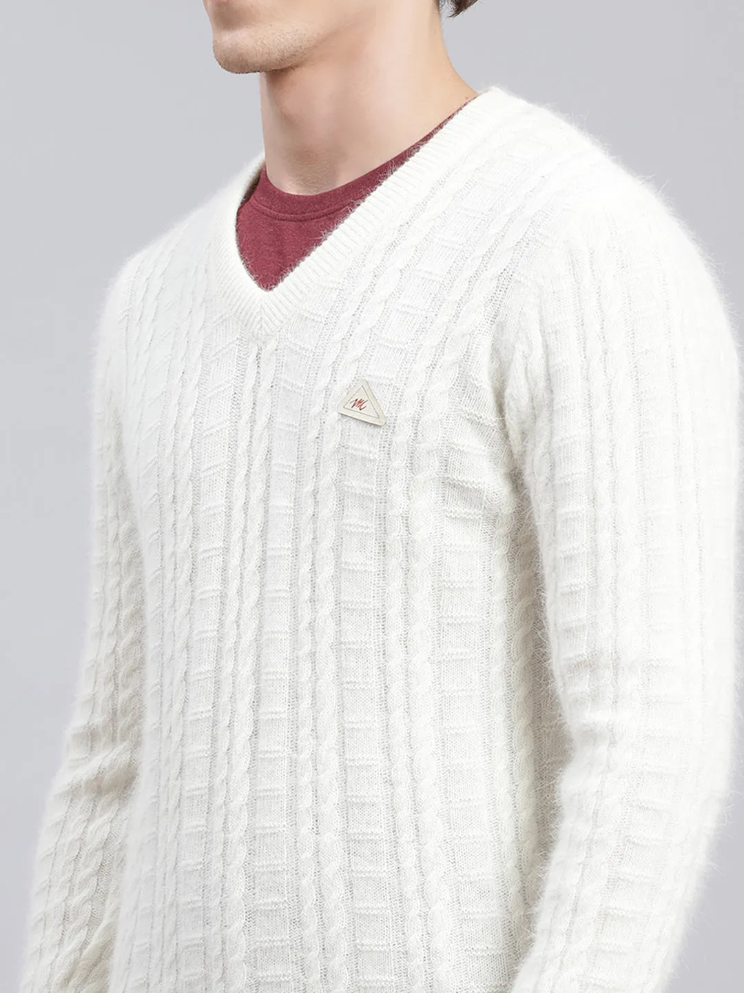 Men Off White Self Design Angoora Pullover