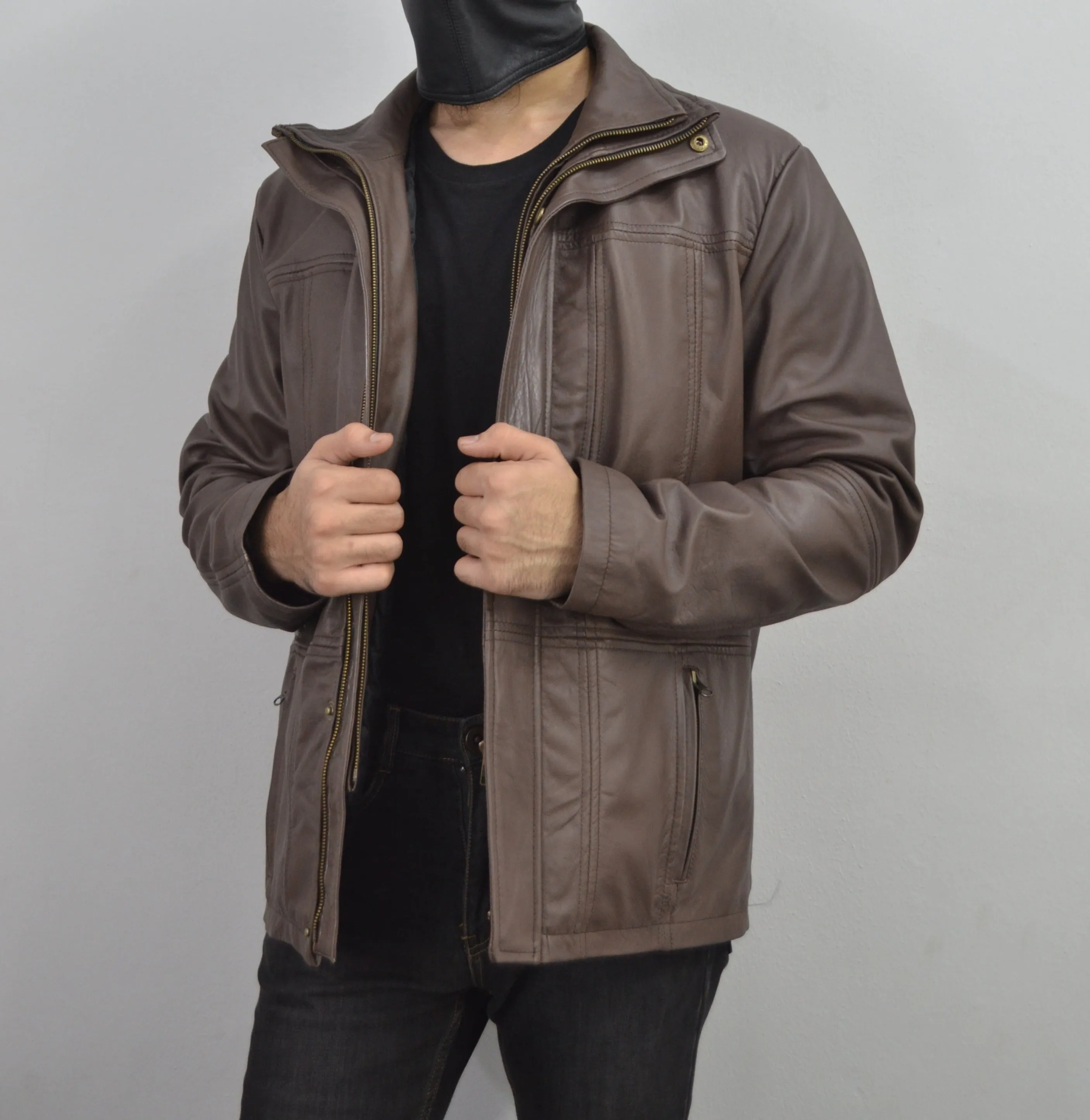Men's Brown Double Closure Cafe Racer Genuine Leather Jacket