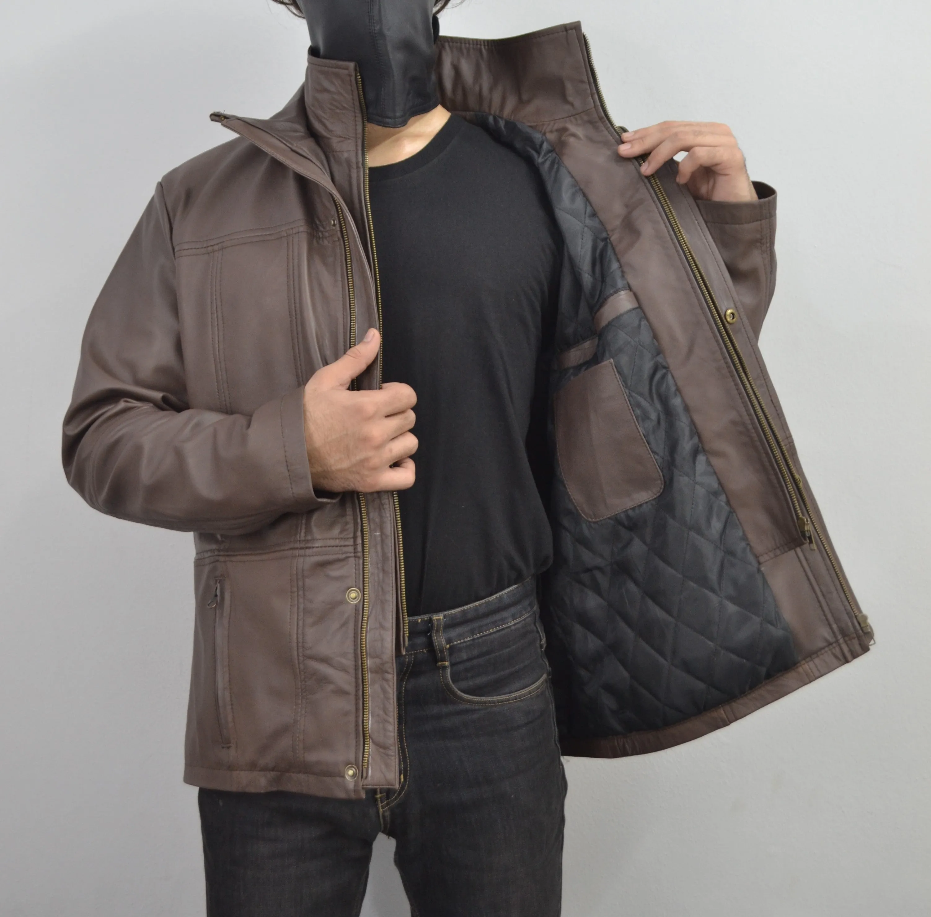 Men's Brown Double Closure Cafe Racer Genuine Leather Jacket