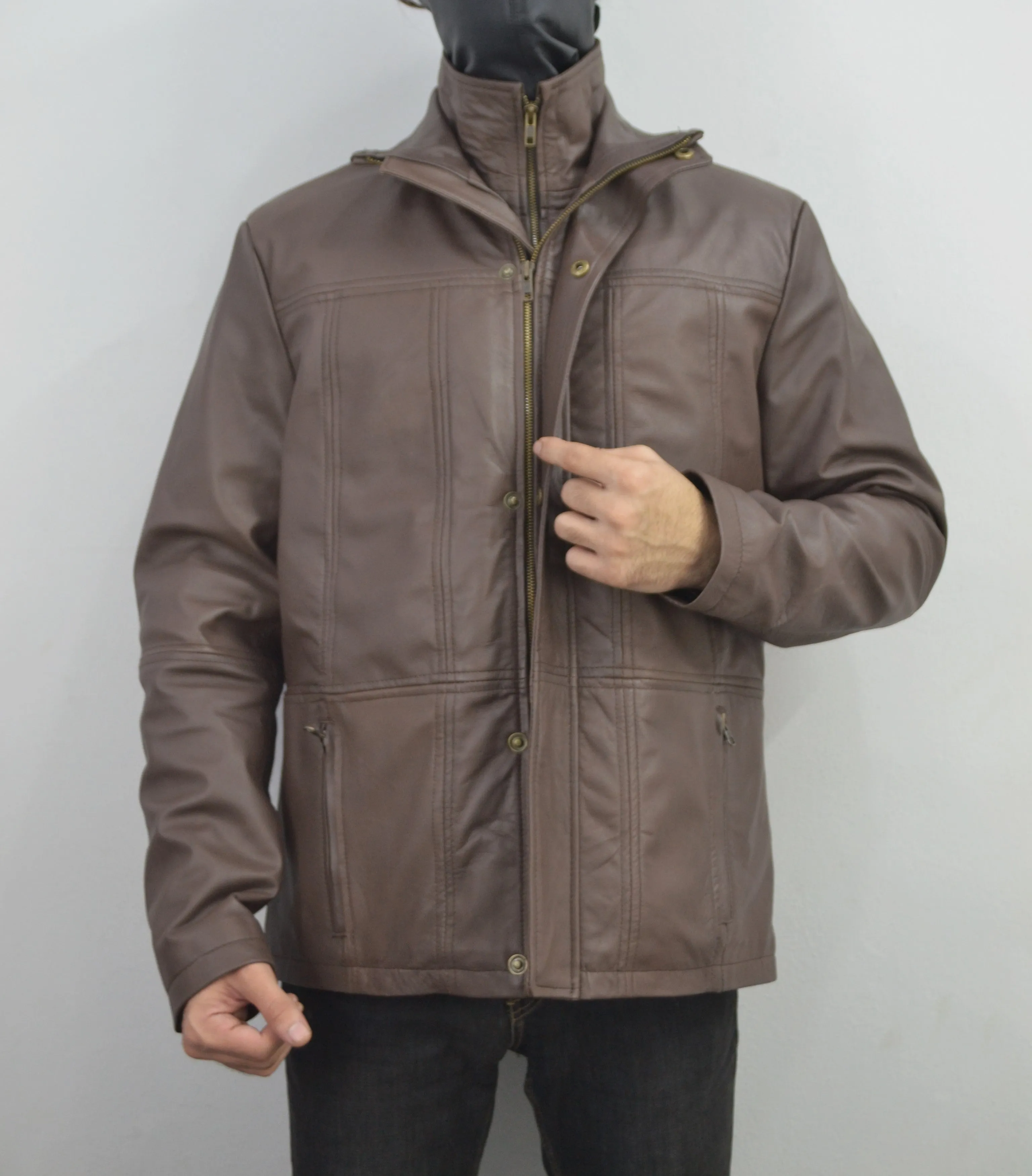 Men's Brown Double Closure Cafe Racer Genuine Leather Jacket