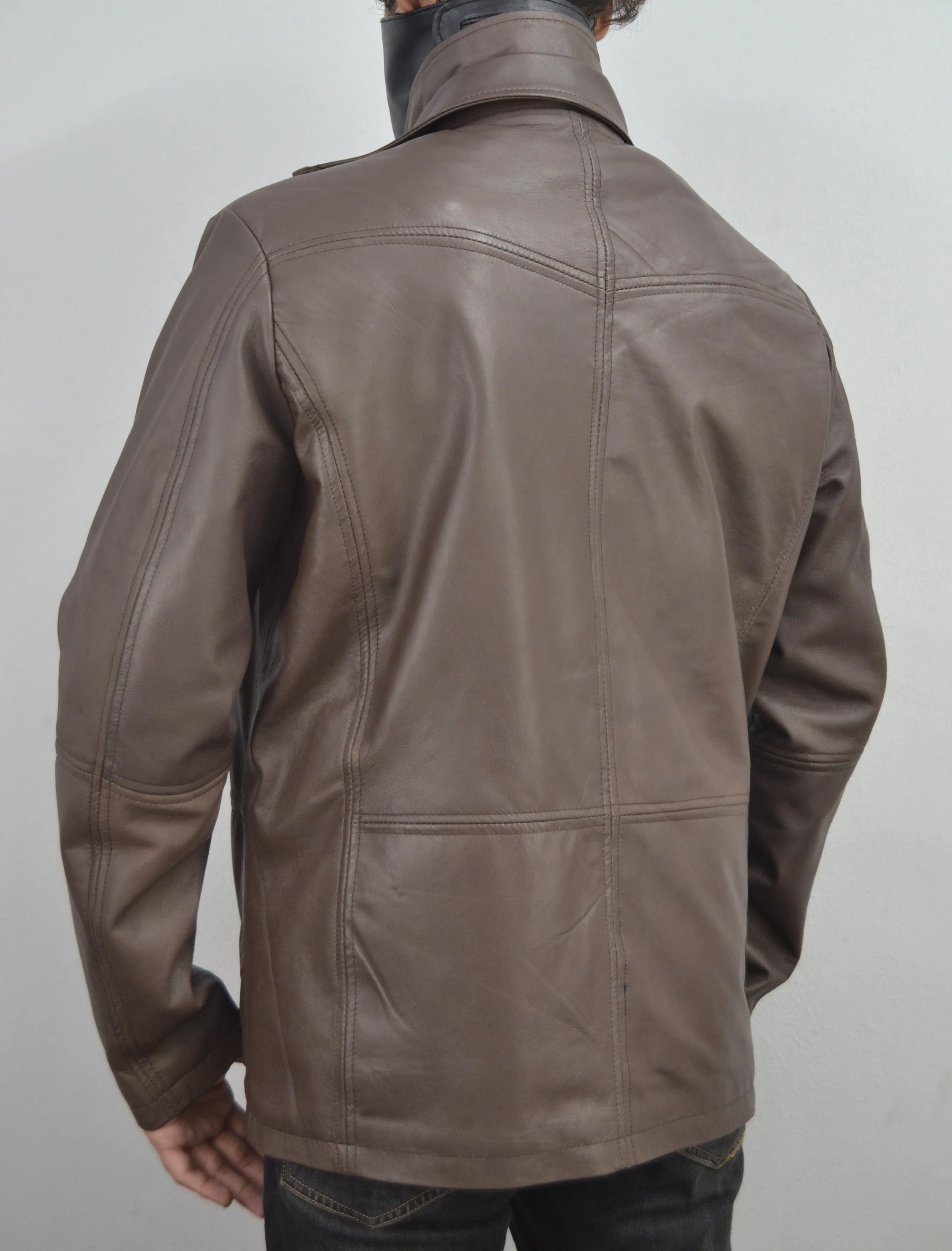 Men's Brown Double Closure Cafe Racer Genuine Leather Jacket