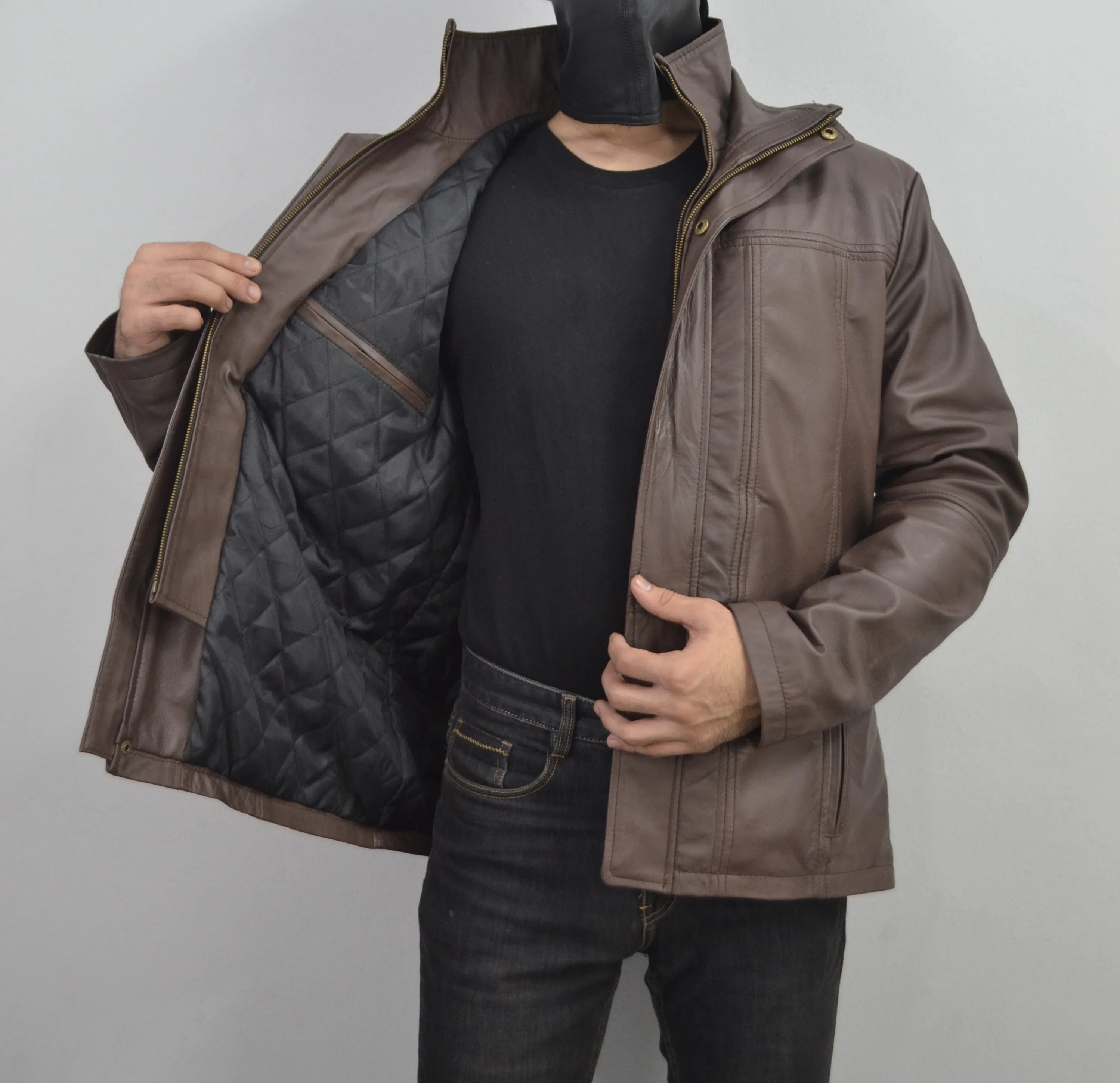 Men's Brown Double Closure Cafe Racer Genuine Leather Jacket