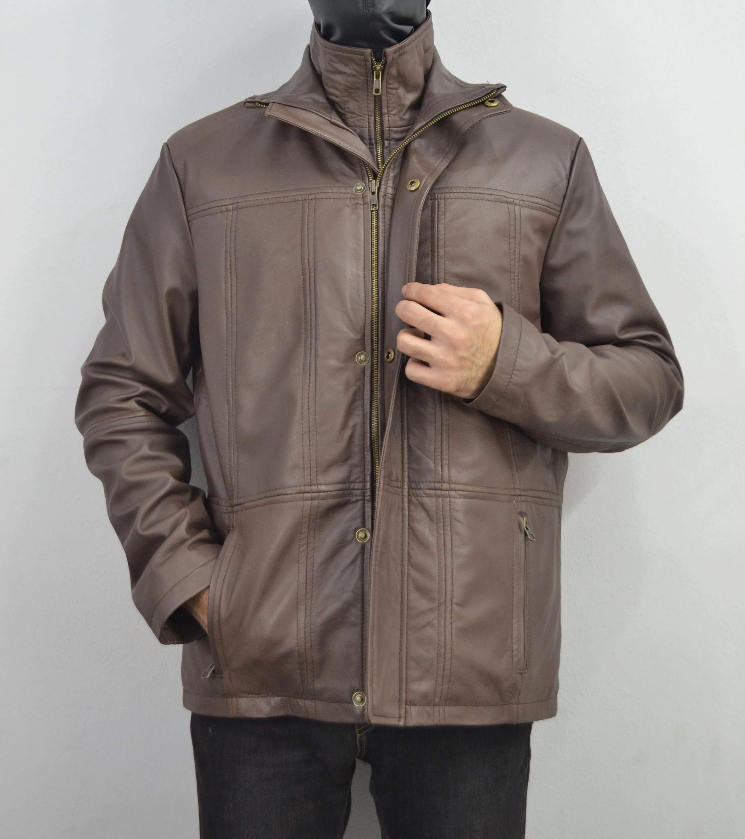 Men's Brown Double Closure Cafe Racer Genuine Leather Jacket