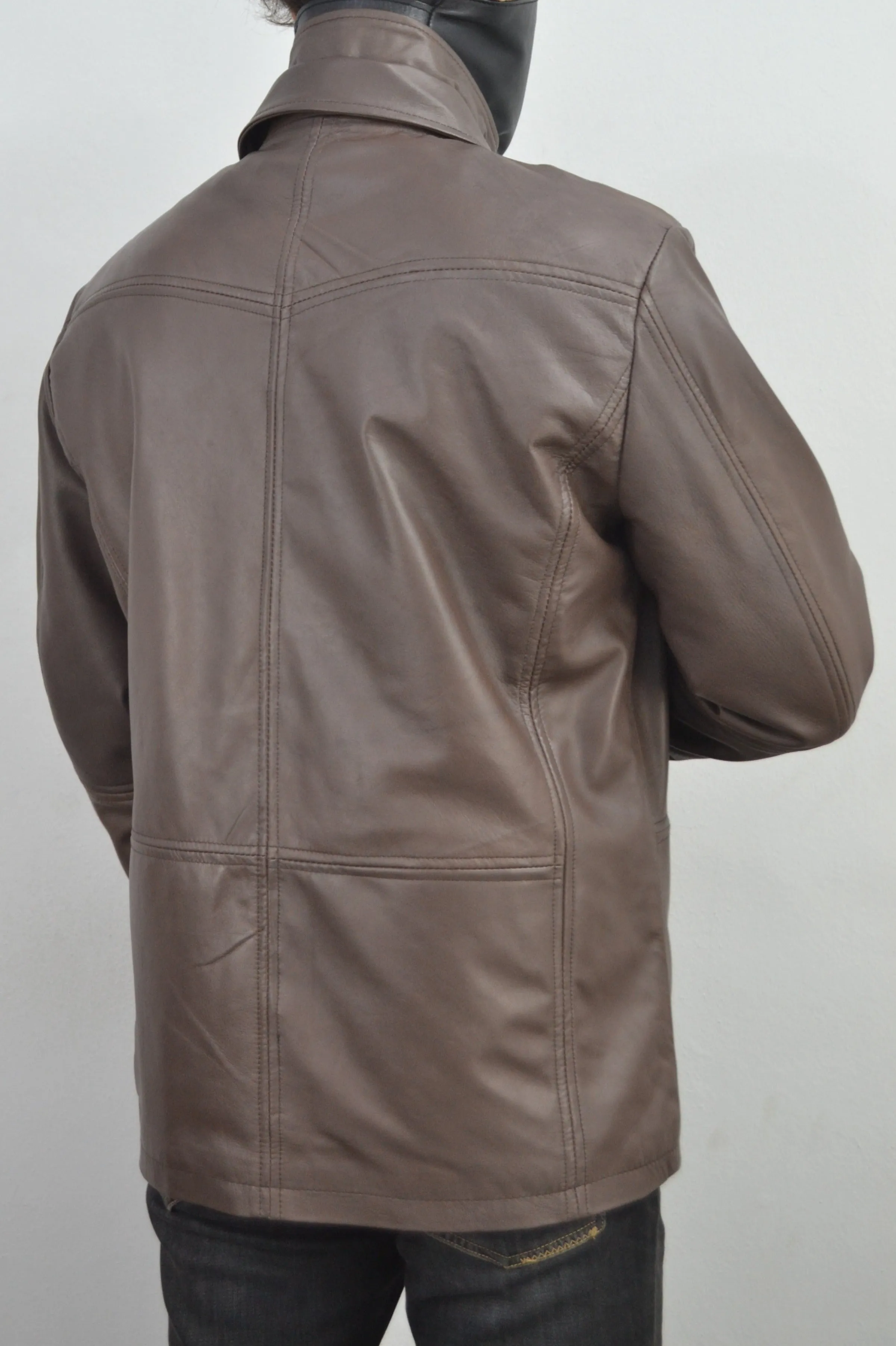 Men's Brown Double Closure Cafe Racer Genuine Leather Jacket
