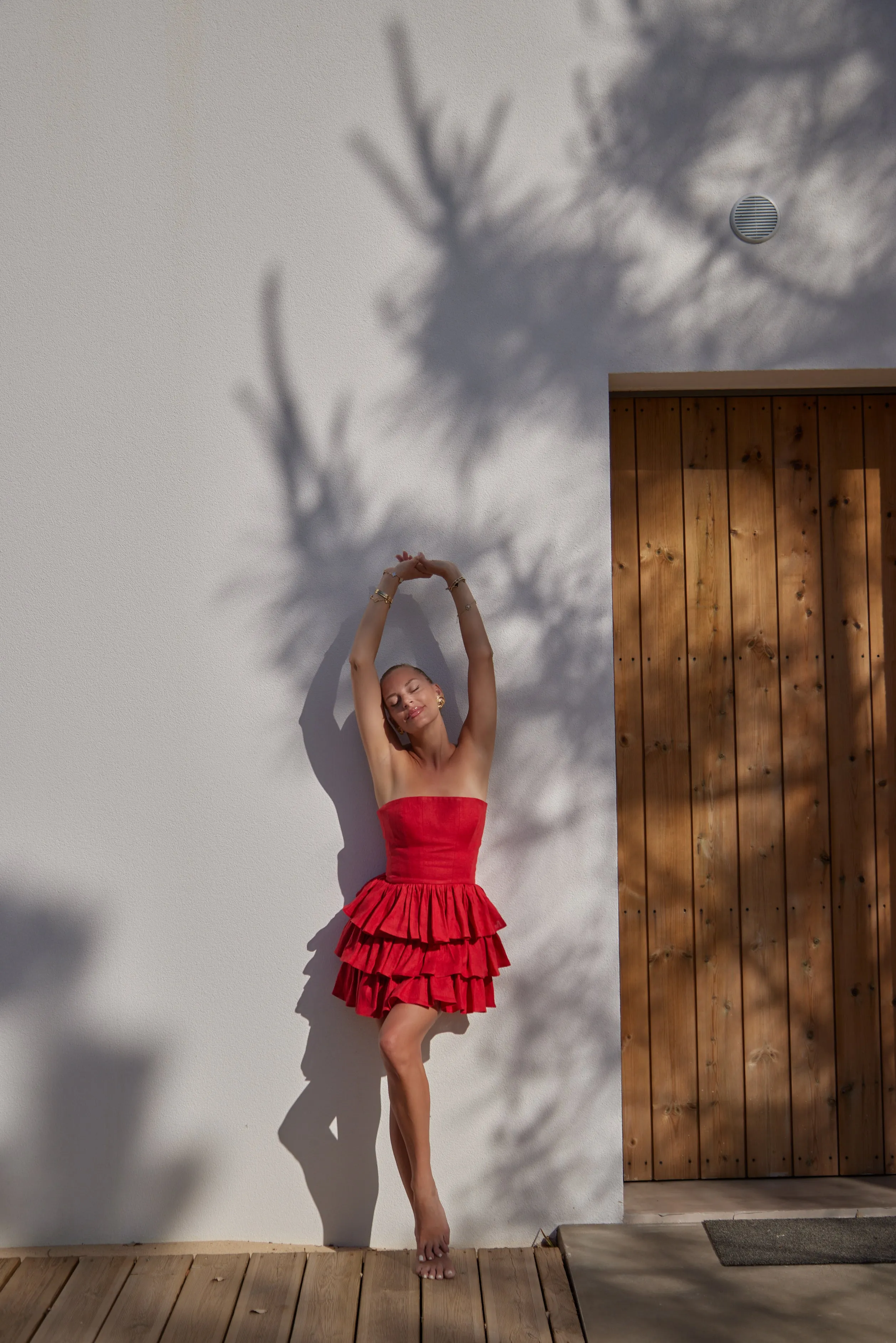 Mila Red Linen Strapless Mini Dress