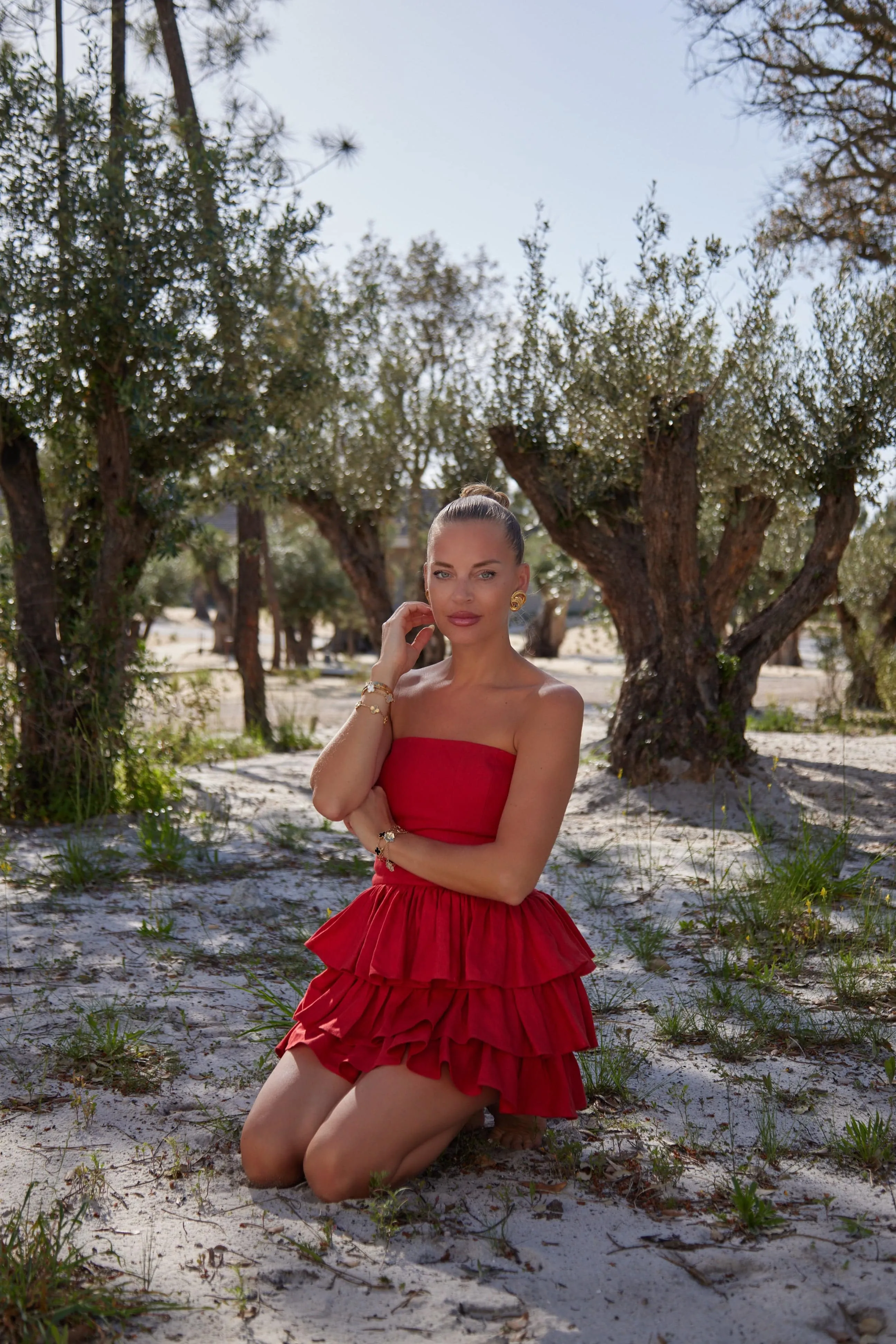 Mila Red Linen Strapless Mini Dress