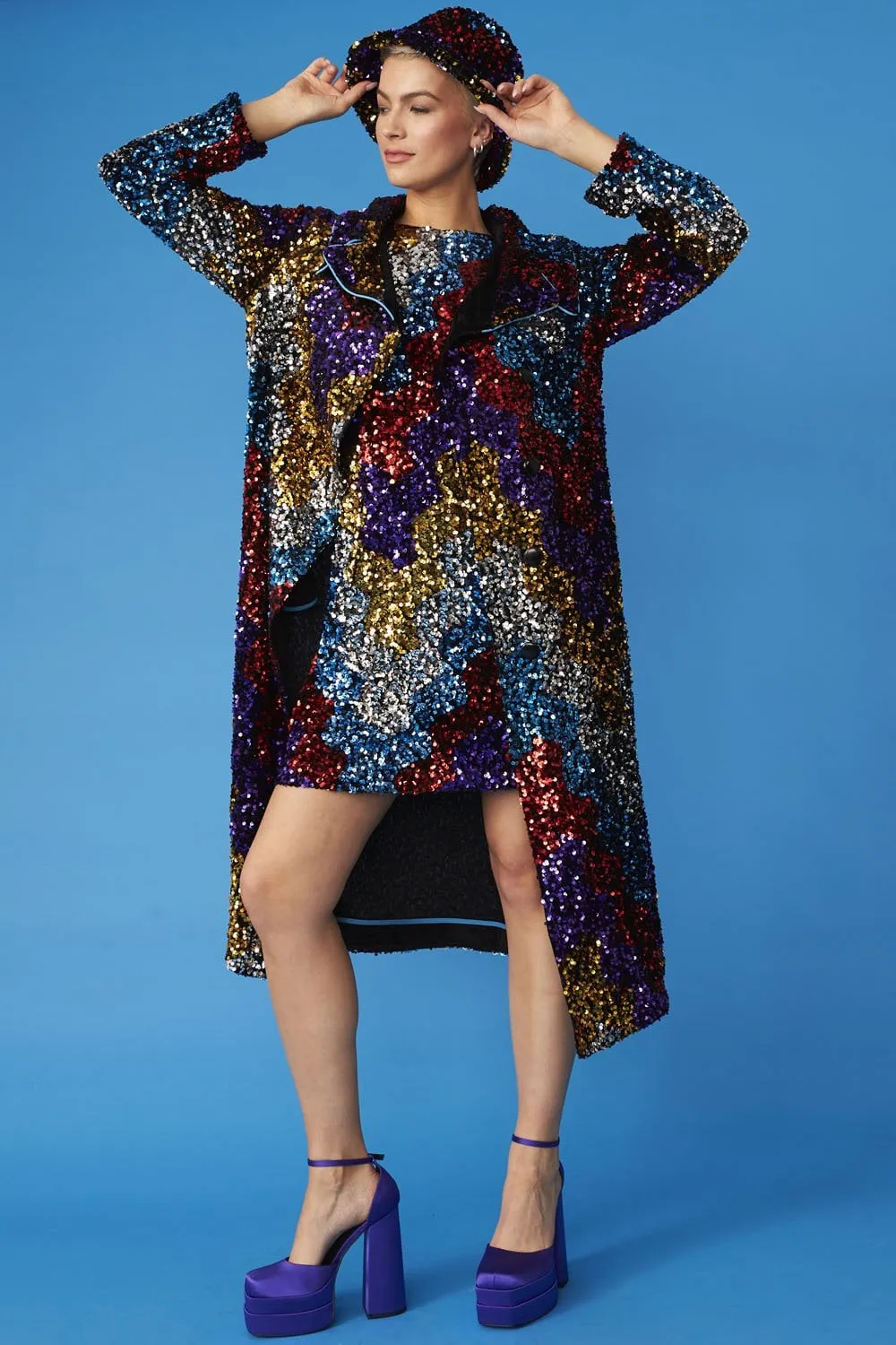 Multi Coloured Sequin Trench Coat with Removable Blue Faux Fur Collar