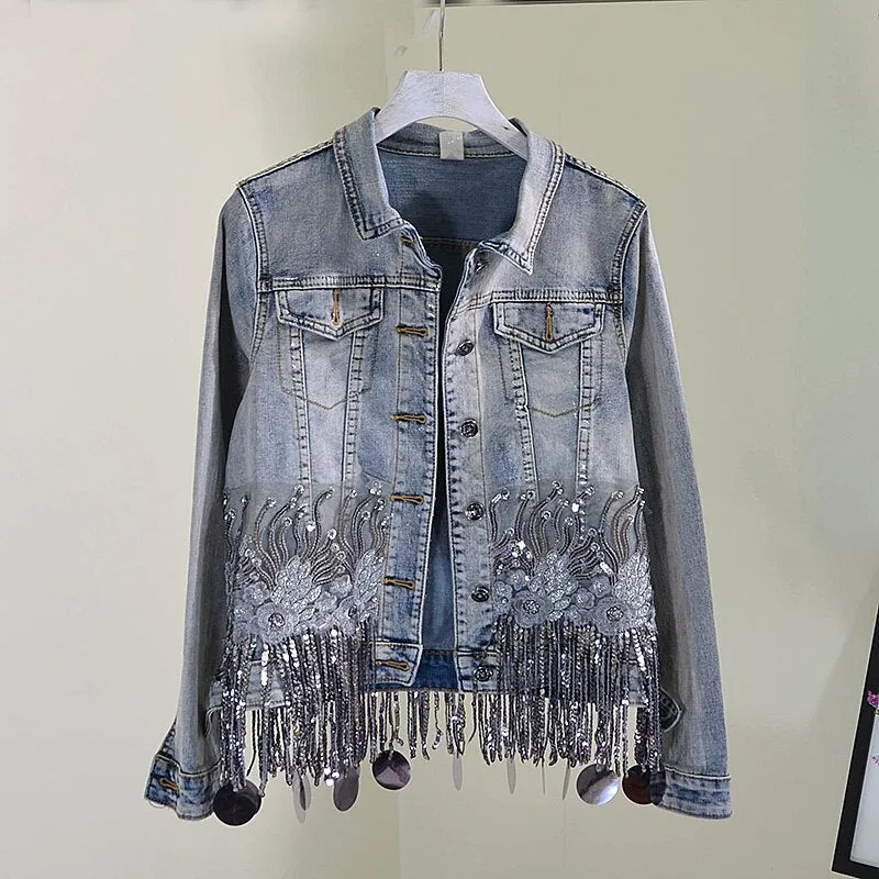 New High Quality Denim Jacket Women Sequins