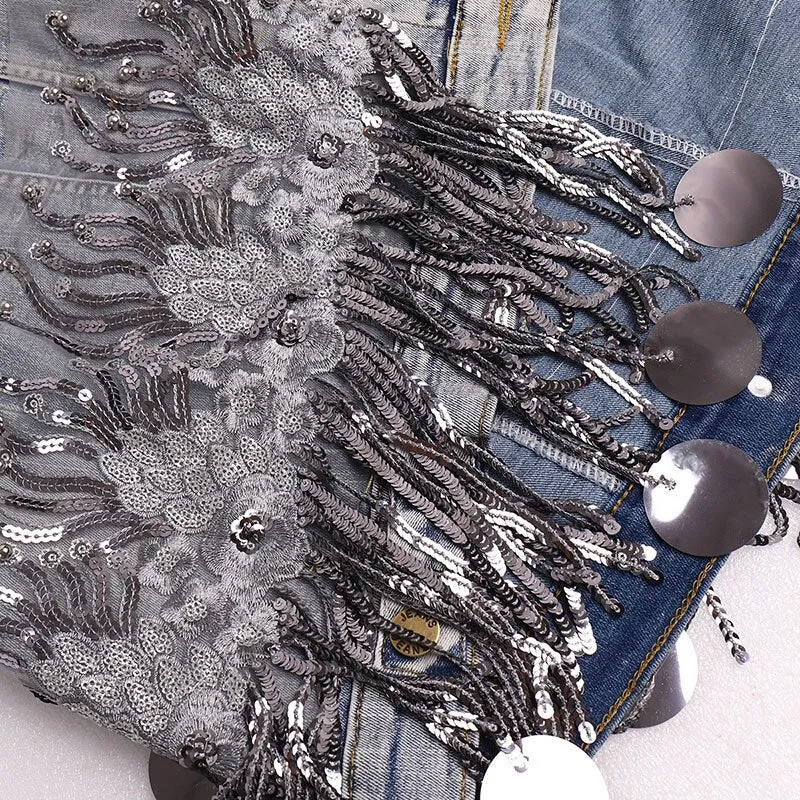 New High Quality Denim Jacket Women Sequins