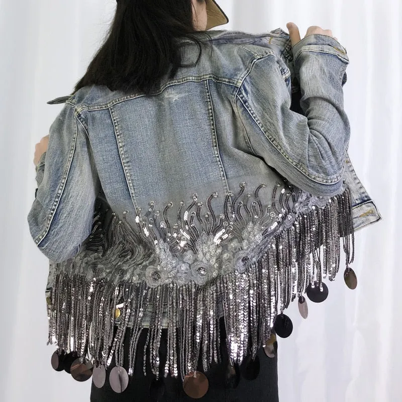 New High Quality Denim Jacket Women Sequins